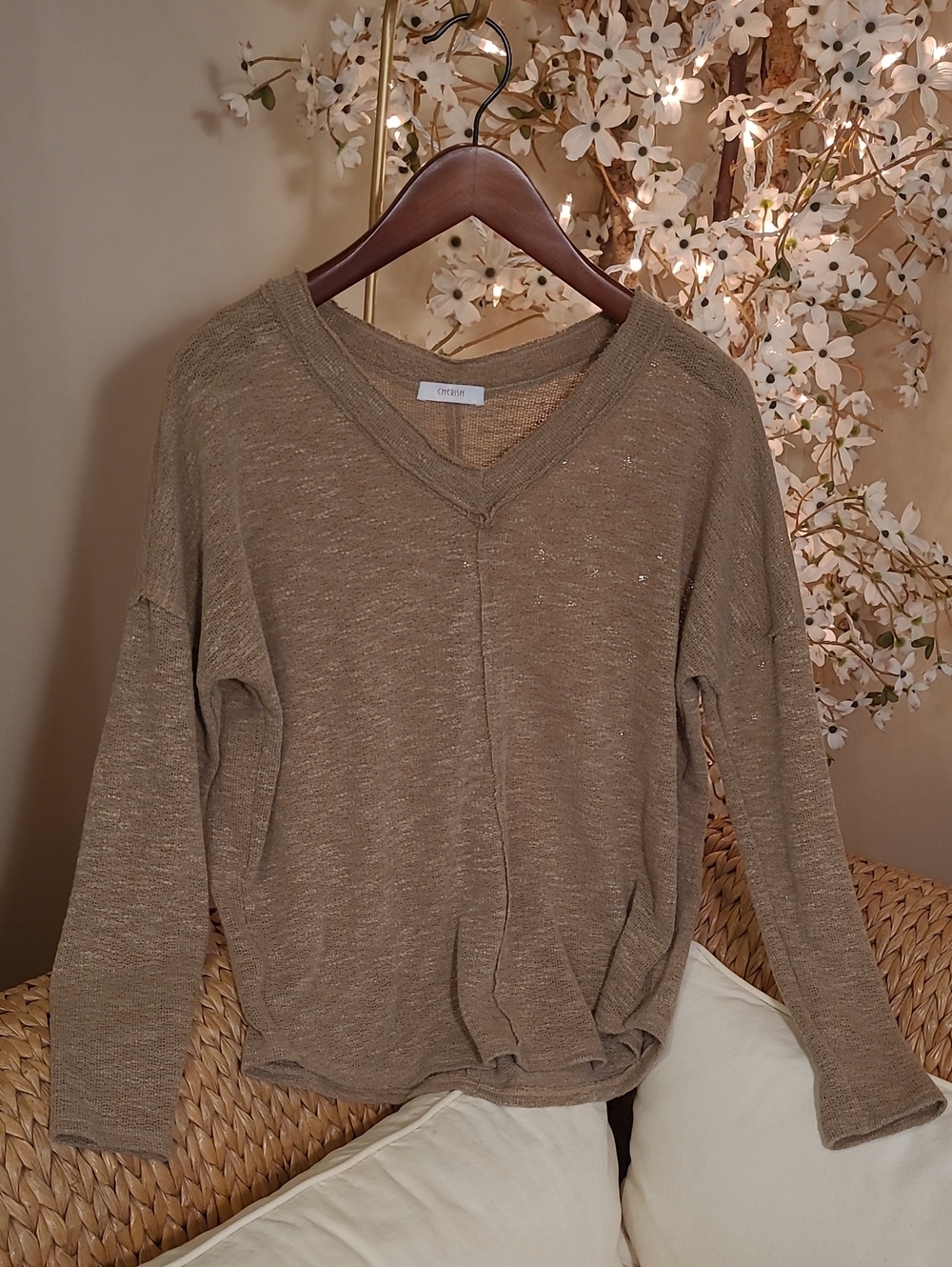 Beige Knit V-neck Top